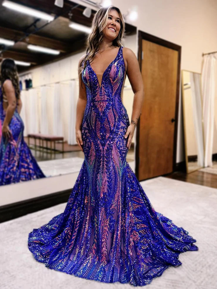 Gorgeous Mermaid V Neck Sequins Long Prom Dresses Y7186