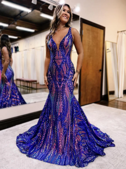 Gorgeous Mermaid V Neck Sequins Long Prom Dresses Y7186