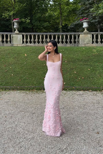 Elegant Tulle Satin Appliques Mermaid Prom Dresses Pink Long Evening Dress SP389