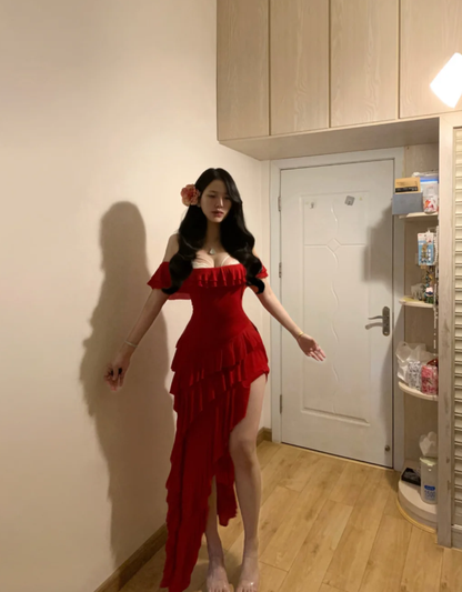 Sexy Red Strapless Strapless Chiffon Layered Ruffle Prom Dress Slit Long Party Dress SP287