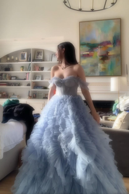 Charming Off The Shoulder Sky Blue Tulle Pleated Long Party Dress Birthday Outfits SP1129