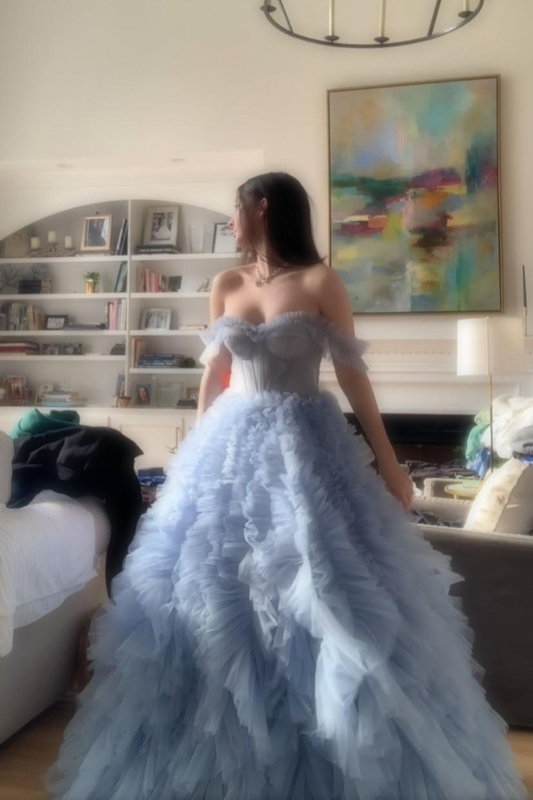 Charming Off The Shoulder Sky Blue Tulle Pleated Long Party Dress Birthday Outfits SP1129