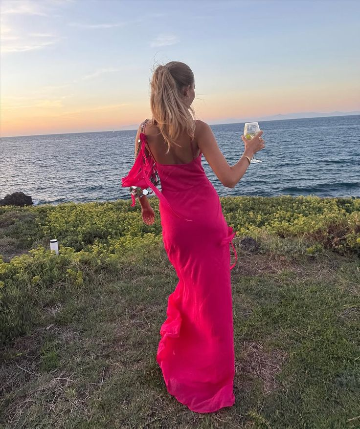 Classy Spaghetti Straps Hot Pink Chiffon Mermaid Evening Dress Long Wedding Guest Dress SP1103