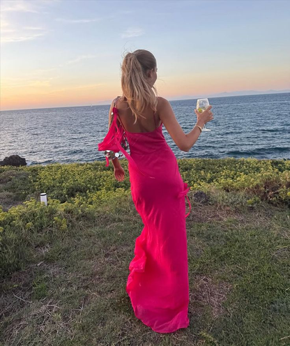 Classy Spaghetti Straps Hot Pink Chiffon Mermaid Evening Dress Long Wedding Guest Dress SP1103