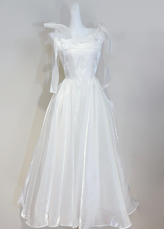 Classy Spaghetti Straps White Organza A Line Princess Birthday Outfits Formal Evening Gown SP625