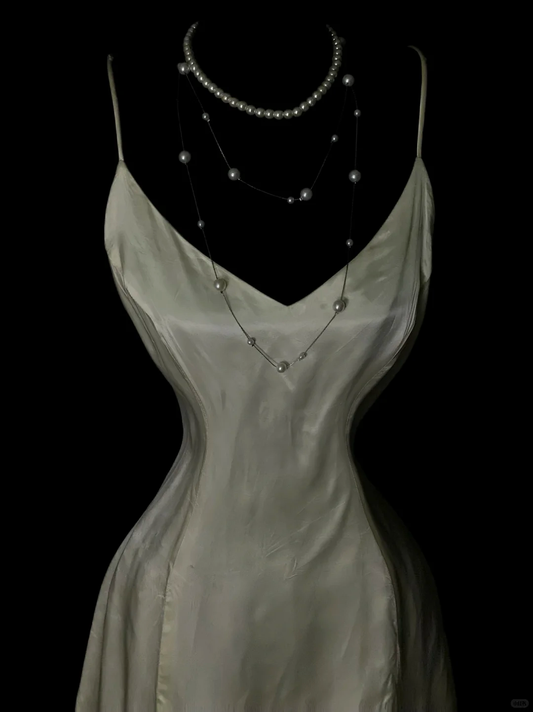 Vintage V Neck Spaghetti Strap Satin Lace Mermaid Party Dress Ivory Long Birthday Prom Dress SP4046