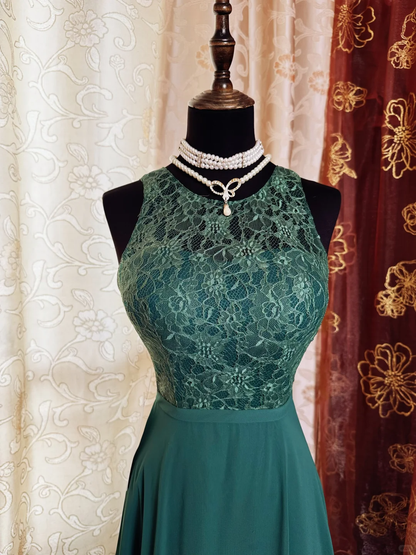 Vintage Green Sleeveless Chiffon Lace A Line Long Wedding Guest Dress Backless Party Dress SP2192