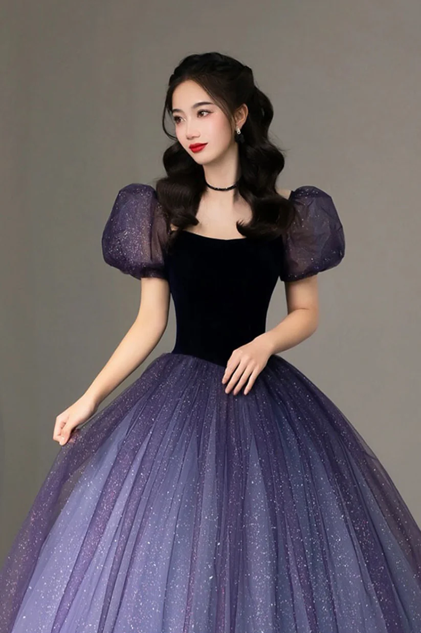 Purple Tulle Short Sleeve Formal Dress, Cute A-Line Evening Dress Y4291