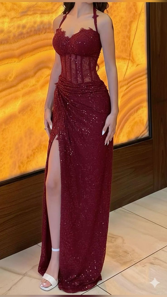Sexy Halter Burgundy Lace Sequin Pleated Slit Long Evening Dress Birthday Prom Dress SP2171