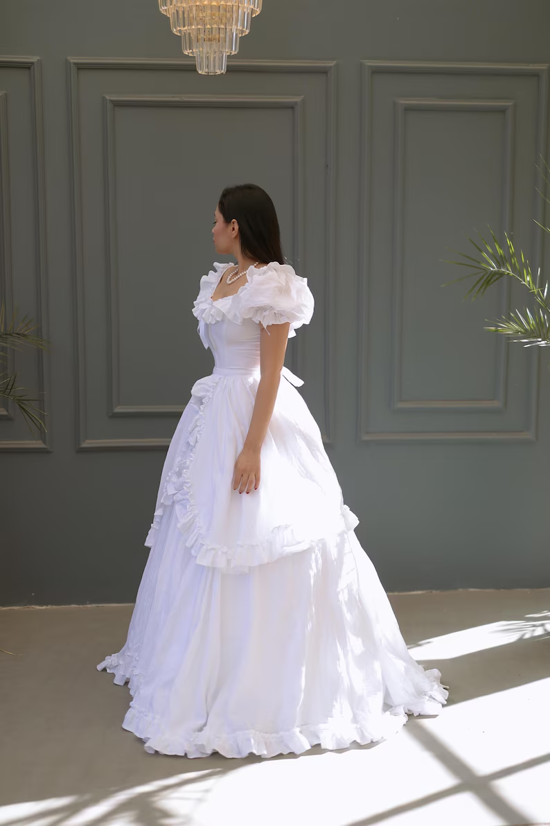 Vintage Off The Shoulder White Satin Ruffles Wedding Dress Long Bridal Dress SP2104
