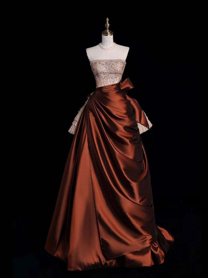 Vintage Strapless Satin Beaded  A Line Evening Dress Prom Gown Y8795