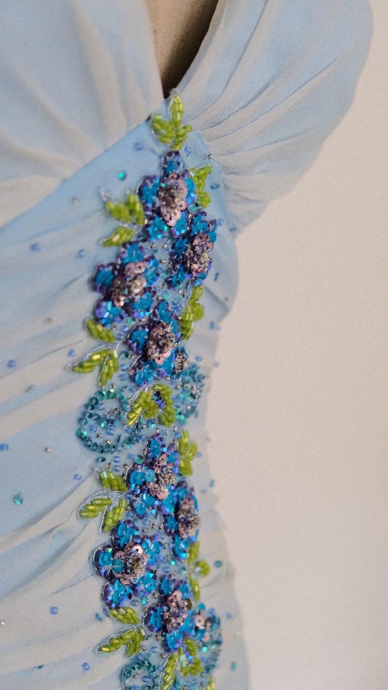 Elegant V Neck Ombre Blue Chiffon Beaded Mermaid Long Party Dress Evening Gown SP2287