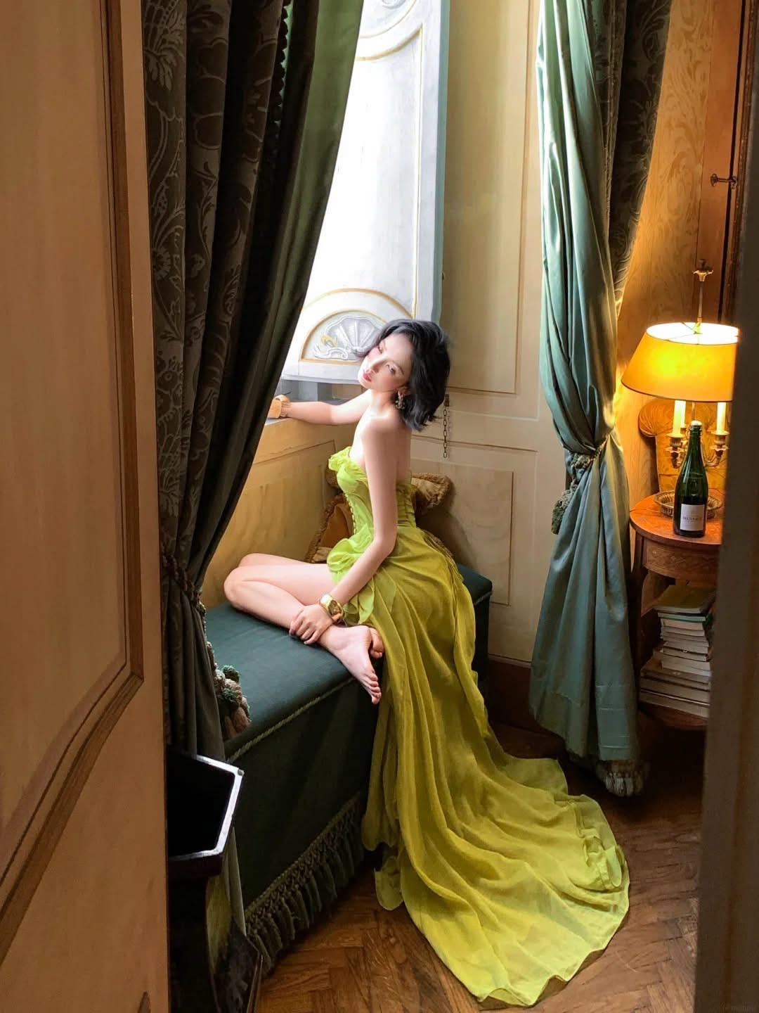 Elegant Green Chiffon Ruffle Slit Long Party Dress,Sweetheart Neck A Line Long Wedding Guest Dress SP3109