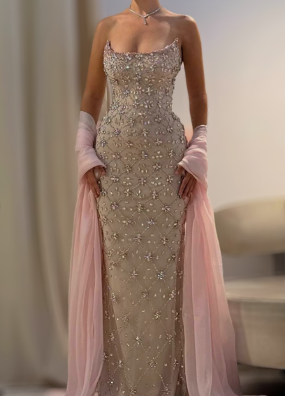 Pretty Sequin Beaded Pink Strapless Mermaid Prom Dress Long Birthday Party Dress SP774