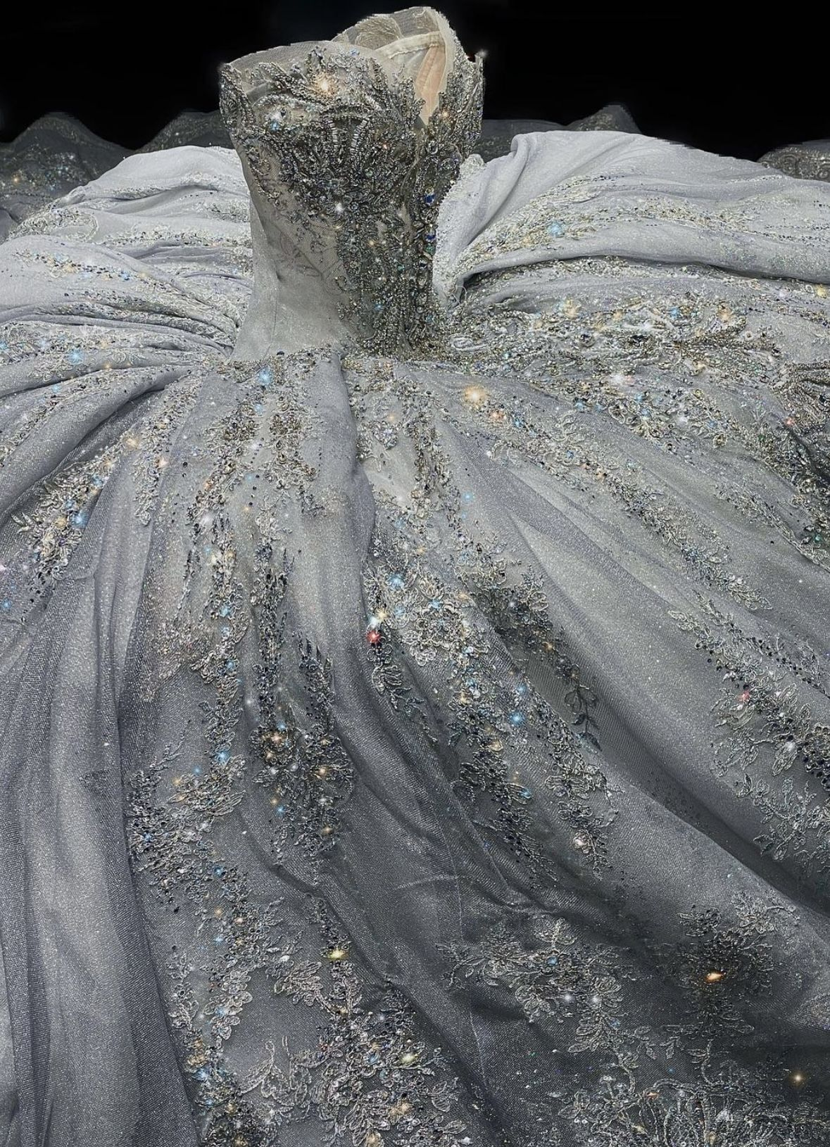 Glitter Strapless Ball Gown Silver Tulle Sequin Beaded Long Wedding Dress SP4300