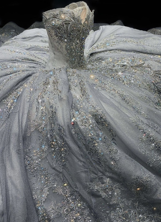 Glitter Strapless Ball Gown Silver Tulle Sequin Beaded Long Wedding Dress SP4300