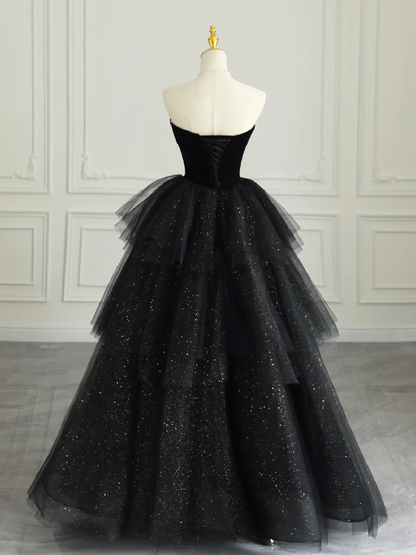 Black Strapless Tulle Formal Dress with Velvet, A-Line Sweetheart Neck Long Prom Dress  Y4434