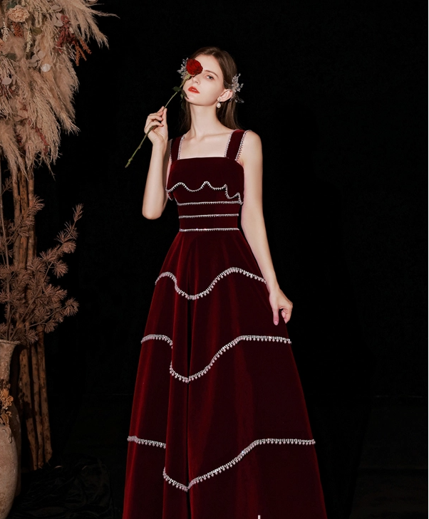 Chic Red Velvet A-line Evening Dress Y4511
