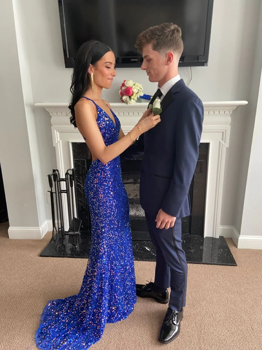 Gorgeous Royal Blue Sequin Mermaid Party Dress,Backless Long Birthday Prom Dresses SP4105