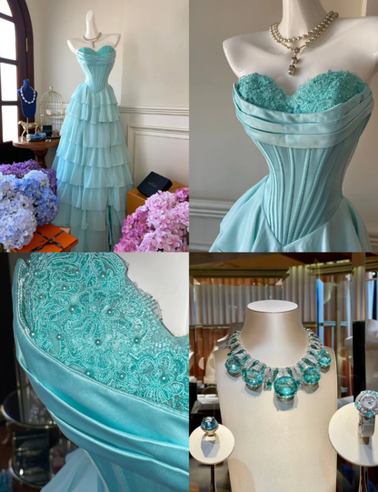 Elegant Tiffany Blue Strapless Chiffon Layered Long Birthday Party Dress Formal Wedding Guest Dress SP1420