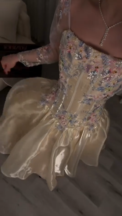 Classy Light Champagne Tulle Beaded Floral A Line Long Wedding Guest Dress Formal Evening Dress Birthday Dress SP2269