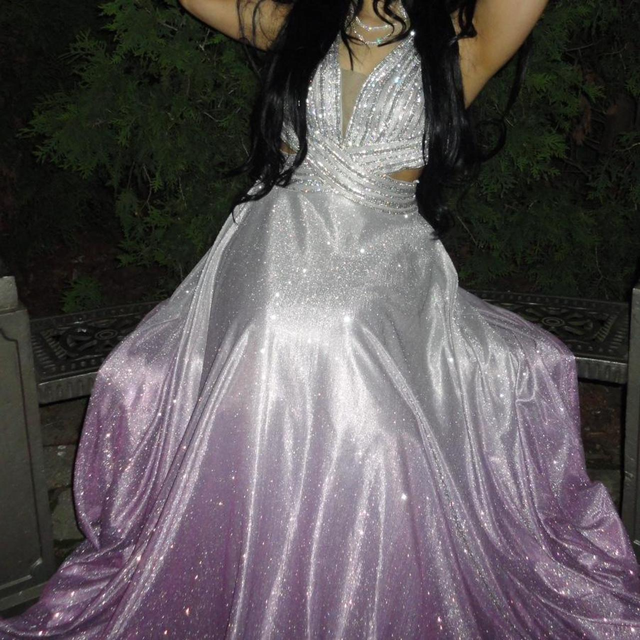 Glitter V Neck Ombre Purple Satin Beaded Sequin Long Wedding Guest Dress Formal Birthday Party Dress SP1073