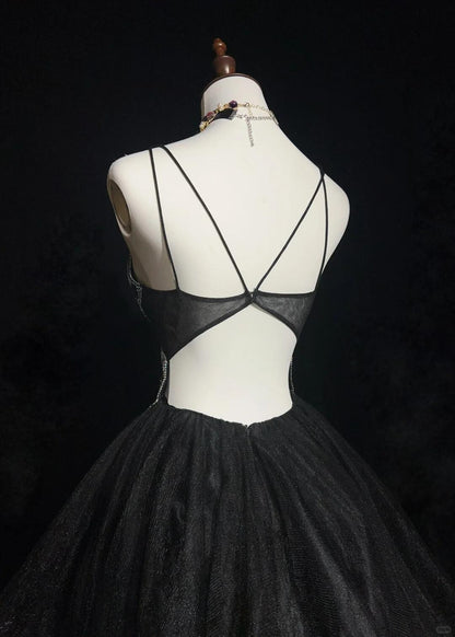 Sexy Black Tulle Beaded A Line Short 7th Grade Homecoming Dress,Spaghetti Straps Mini Prom Dress SP2922