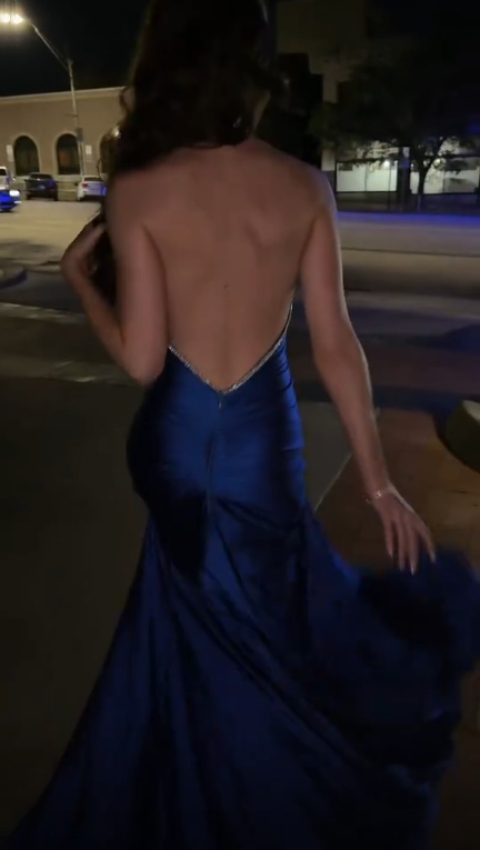 Elegant Blue Backless Party Dress Halter Satin Beaded Memriad Long Evening  Dress SP4230