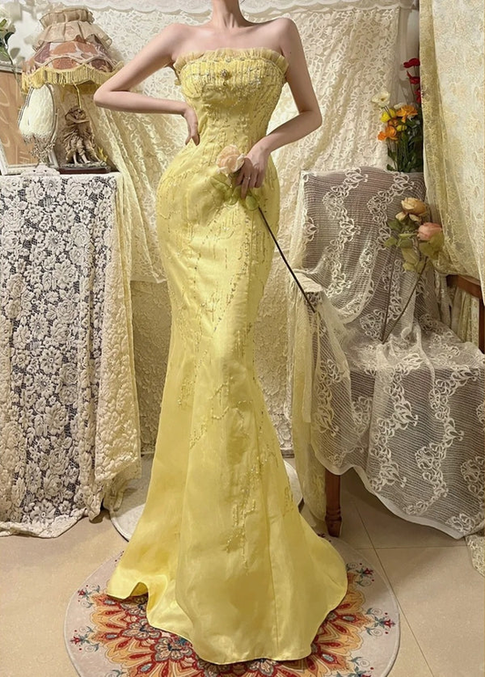 Cute Strapless Yellow Satin Beaded Mermaid Long Party Gown Formal Prom Dress SP410