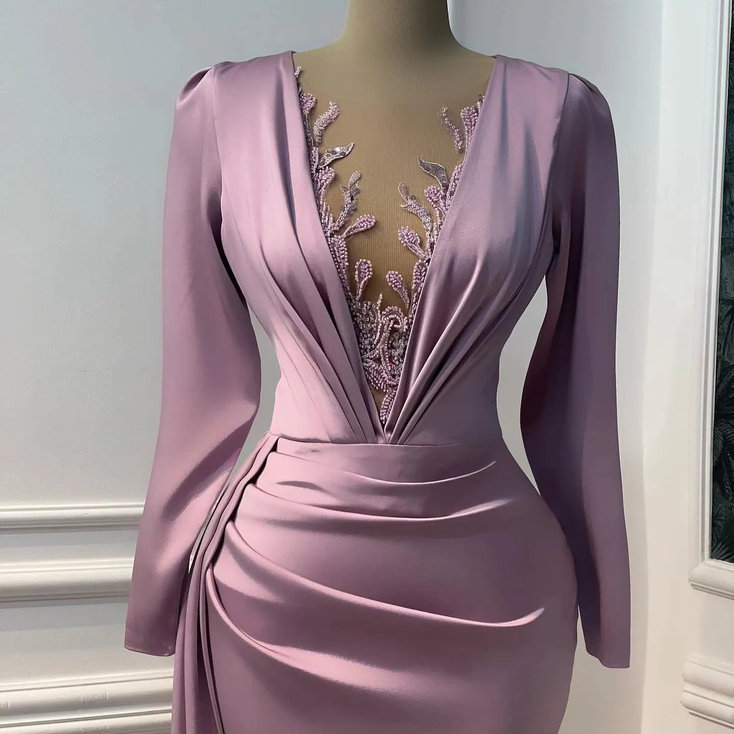Vintage Purple Prom Dress Long Sleeve Illusion V-neck Mermaid Evening Dress Floor Length Y6647