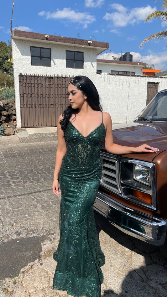 Classy Spaghetti Straps V Neck Emerald Green Tulle Lace Sequin Mermaid Long Party Dress Evening Gown SP2207