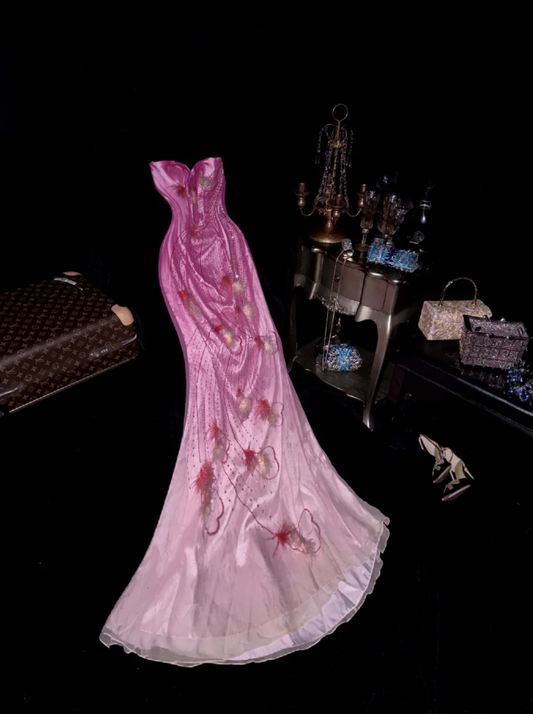 Pretty Strapless Ombre Pink Chiffon Beaded Birthday Outfits Mermaid Long Evening Dress  SP785