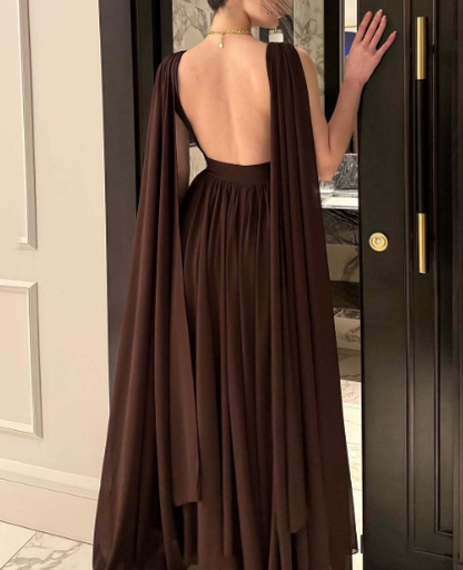 Stylish Brown V Neck Sleeveless A Line Long Wedding Guest Dress Evening Gown SP696