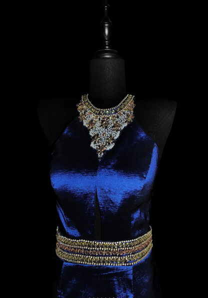 Gorgeous Navy Blue Satin Beaded Mermaid Prom Dress Backless Long Evening Dress SP436