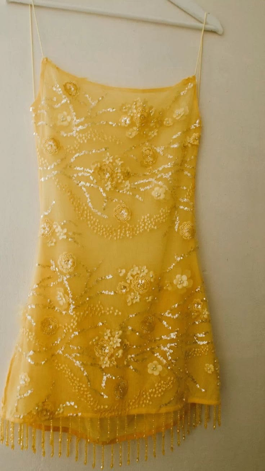 Gorgeous Spaghetti Straps Chiffon Sequin Beaded Short Birthday Outfits Yellow 9th Grade Homecoming Dress SP2431