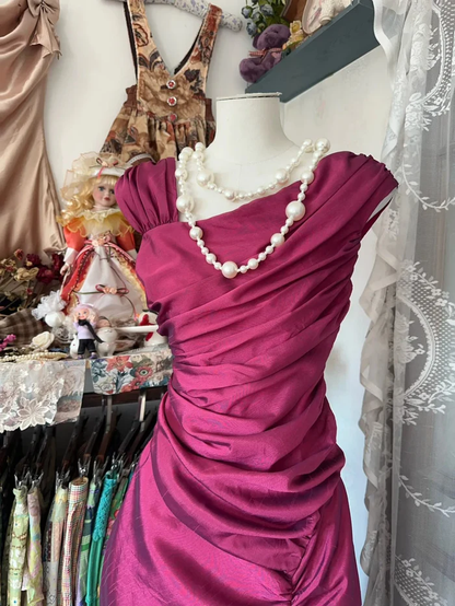 Retro Hot Pink Satin Pleated Mermaid Long Party Dress Prom Gown SP1229