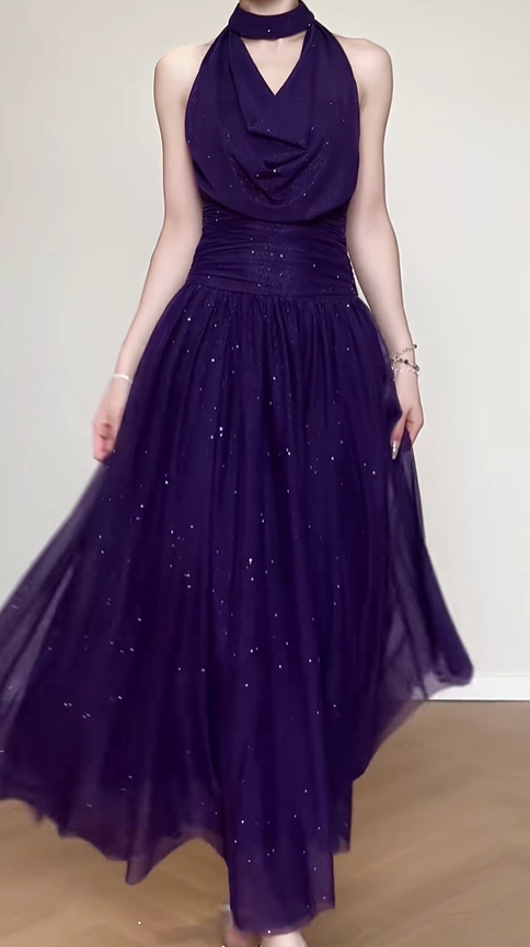 Shiny Halter Purple Tulle Sequin A Line Long Birthday Outfits Backless Evening Dress SP622