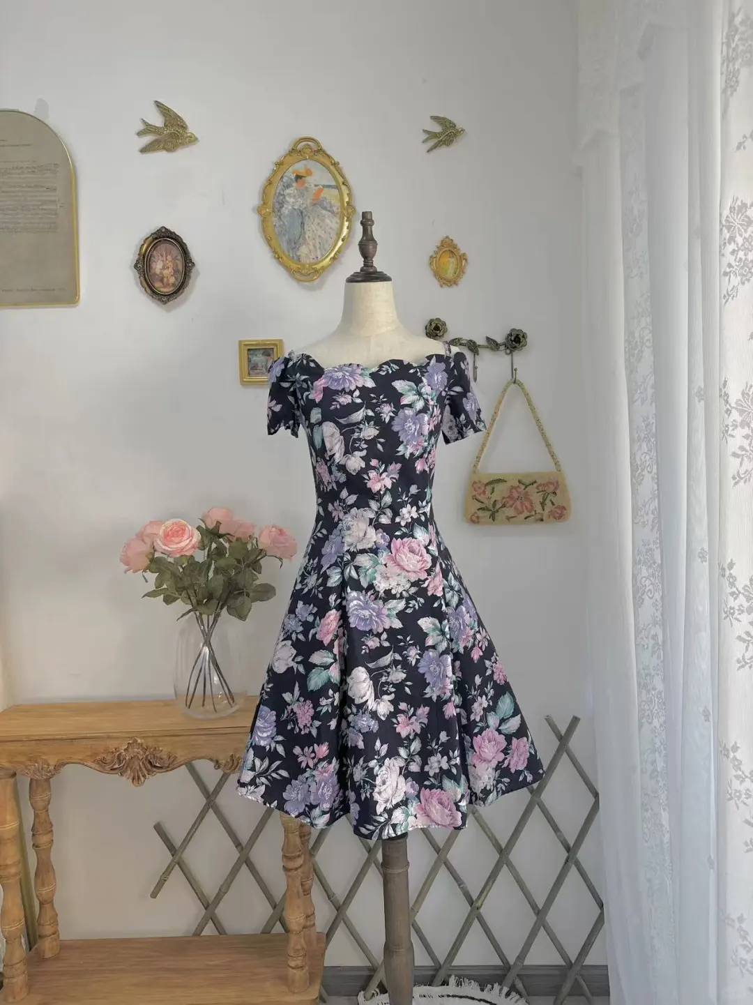 Vintage Off The Shoulder Print Floral A Line Short Homecoming Dress Birthday Outfits Y9756