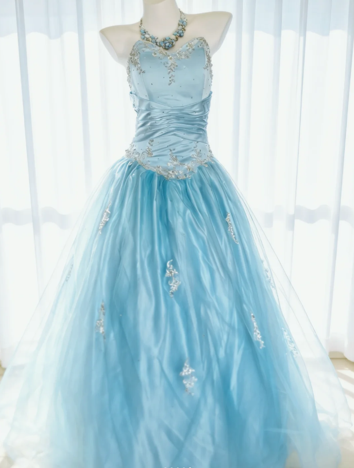 Fairy Sweetheart Neck Blue Tulle Appliques Long Wedding Guest Dress Formal Party Dress SP1633