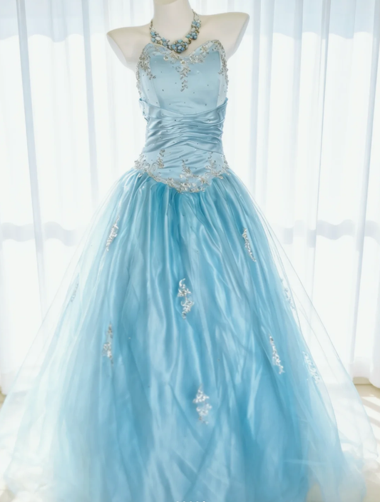 Fairy Sweetheart Neck Blue Tulle Appliques Long Wedding Guest Dress Formal Party Dress SP1633