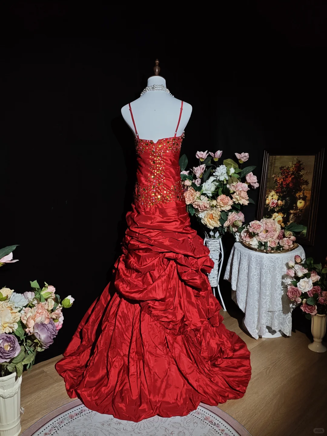 Vintage Red Spaghetti Straps Satin Pleated Long Party Dress Prom Dress SP2262
