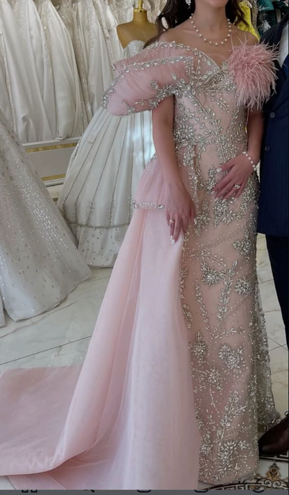 Gorgeous Pink Off The Shoulder Organza Beaded Mermaid Prom Dress Long Party Dress With Feathers SP582