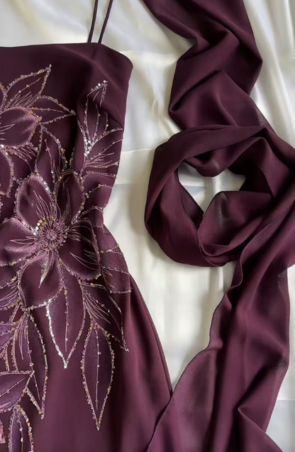 Retro Spaghetti Straps Purple Chiffon Sequin Floral Long Party Dress Prom Gown With Scarf SP2243