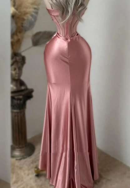 Glamour Spaghetti Straps Satin Beaded Appliques Pleated Mermaid Prom Dress Pink Party Dress SP4196