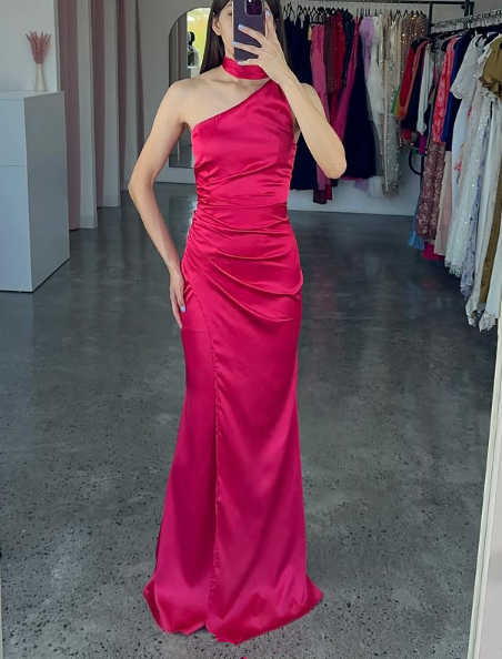Elegant One Shoulder Hot Pink Satin Sheath Prom Dress Long Evening Dress Y8419