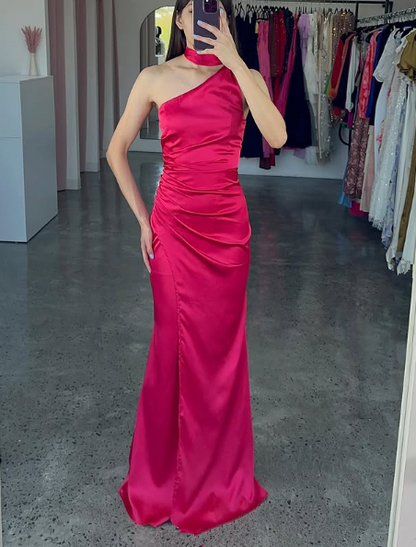 Elegant One Shoulder Hot Pink Satin Sheath Prom Dress Long Evening Dress Y8419