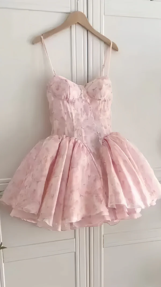 Cute Spaghetti Straps Pink Short Homecoming Dress 21st Birthday Outfits Y9813