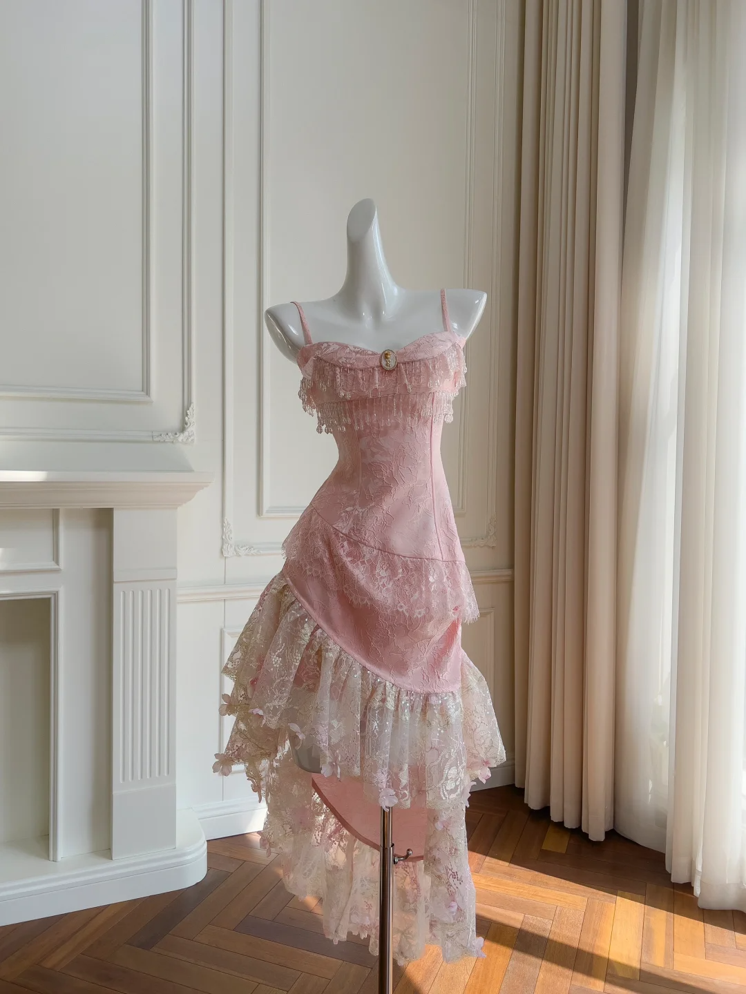 Pretty Pink Satin Lace Birthday Party Dress Prom Dress  Y8971