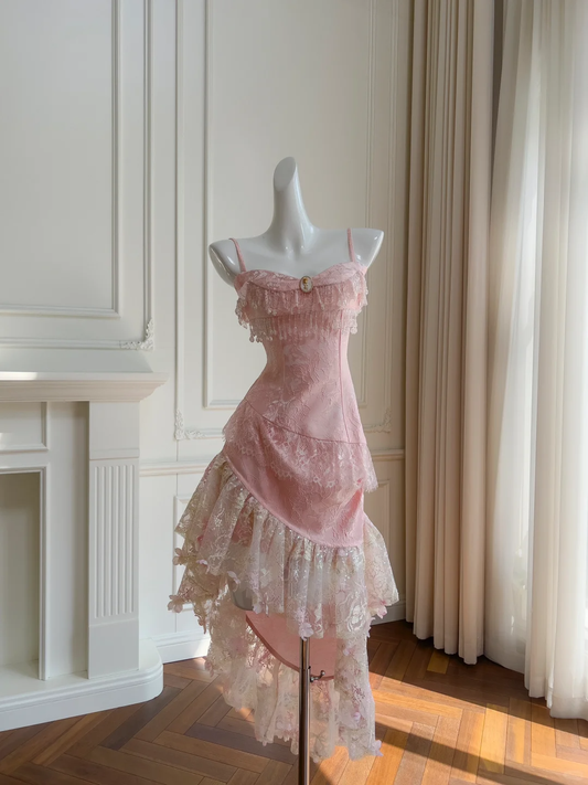 Pretty Pink Satin Lace Birthday Party Dress Prom Dress  Y8971