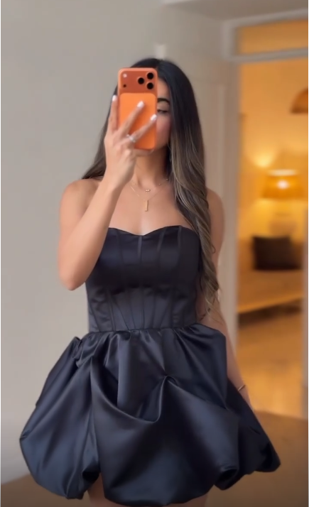 Stylish Black Strapless Satin Short Homecoming Dress Birthday Dress SP3689